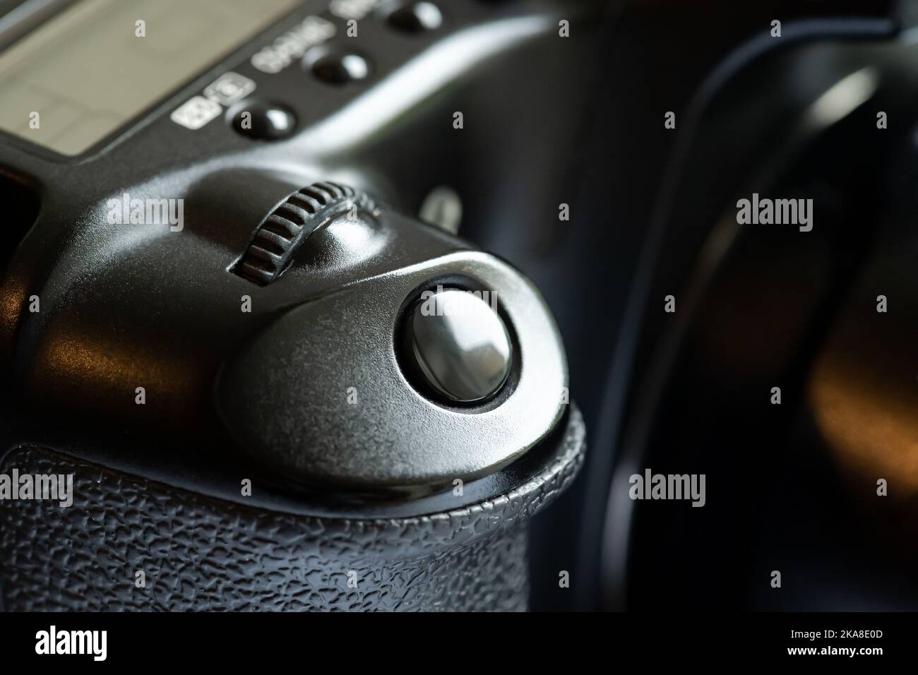 Simple generic photo camera shutter release button, object detail, macro, extreme closeup, nobody. Photography equipment symbol, photographing abstrac Stock Photo