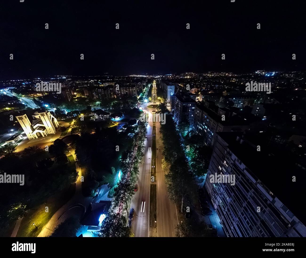 An aerial view of an illuminated street at night Stock Photo - Alamy