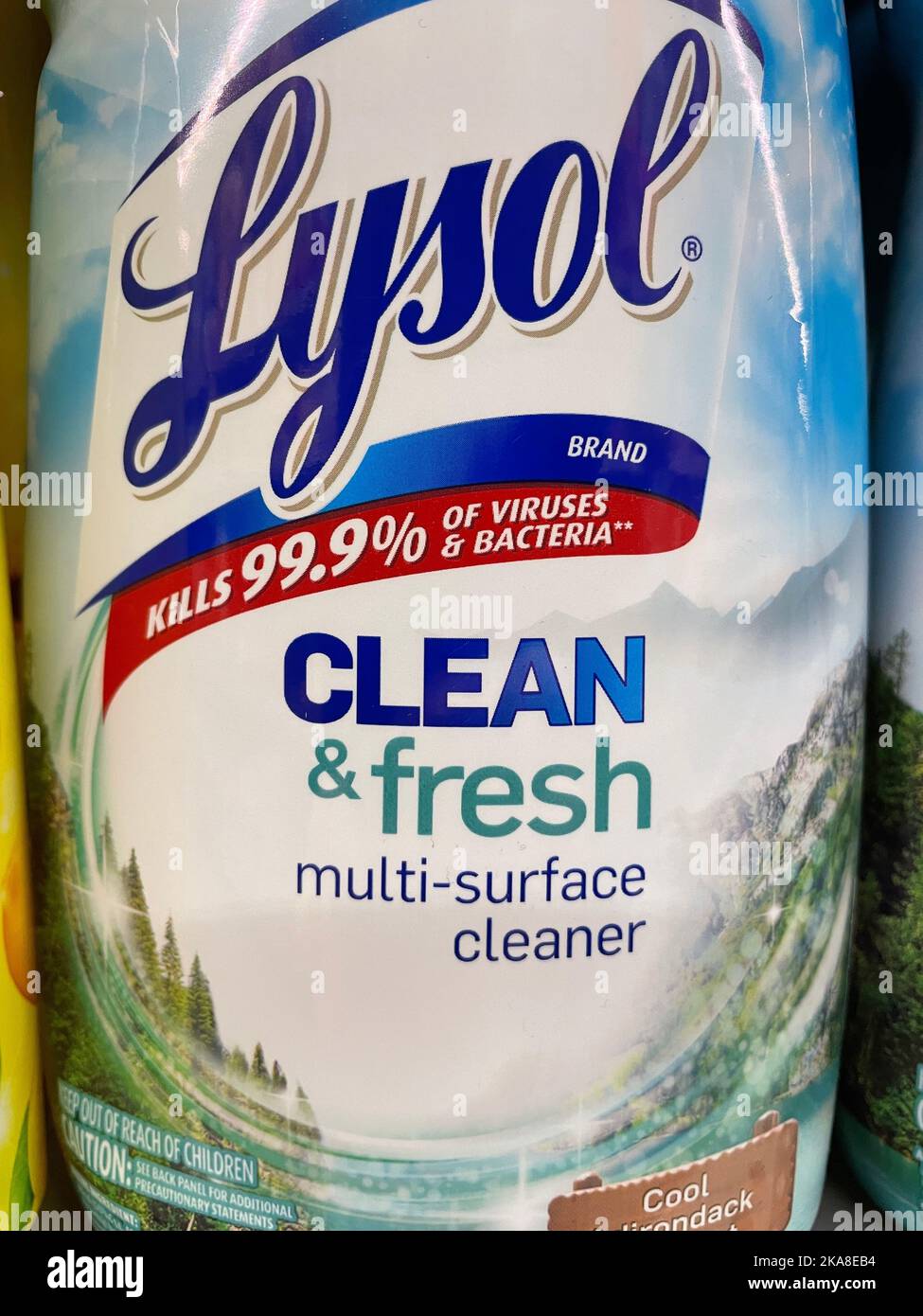 Augusta, Ga USA - 04 22 22: Cleaning products on retail shelf Lysol spray cleaner fresh with bleach Stock Photo