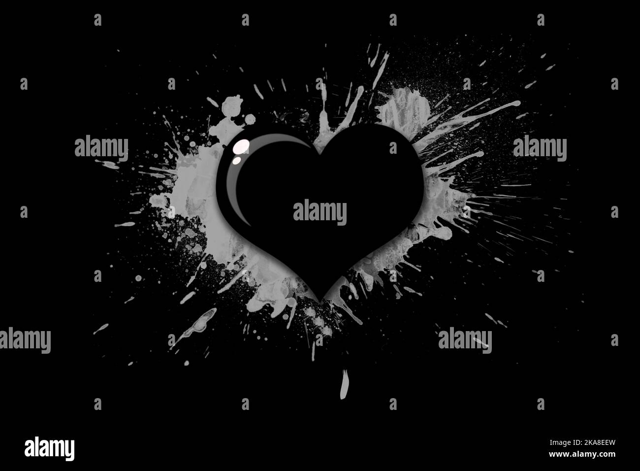 Illustration, black heart with splashes of paint on a black background ...