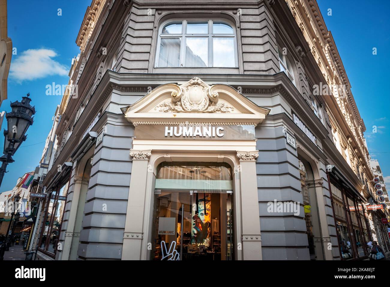 Picture of a sign with the logo of Humanic taken in front of their boutique for Budapest, Hungary. Humanic is a subsidiary of Leder und Schuh trading Stock Photo