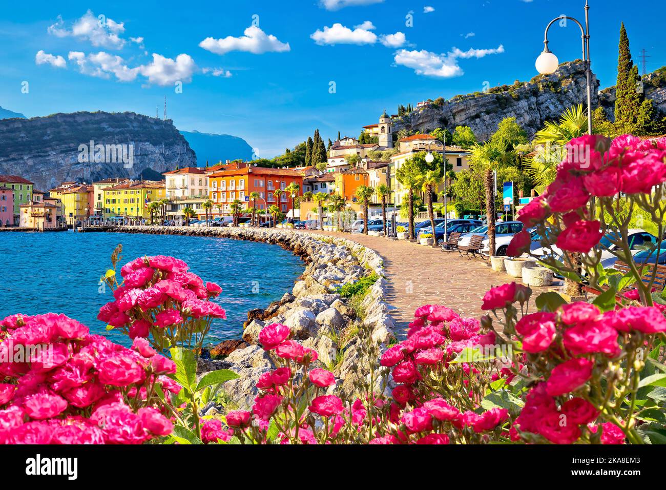 Colorful town of Torbole on Lago di Garda waterfront view, Trentino Alto Adige region of Italy Stock Photo