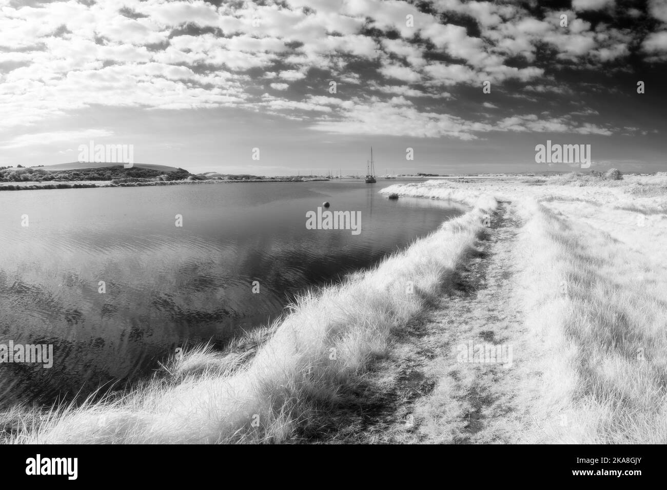 An infrared photograph of the England Coast Path along the River Axe estuary at Uphill, North Somerset, England. Stock Photo