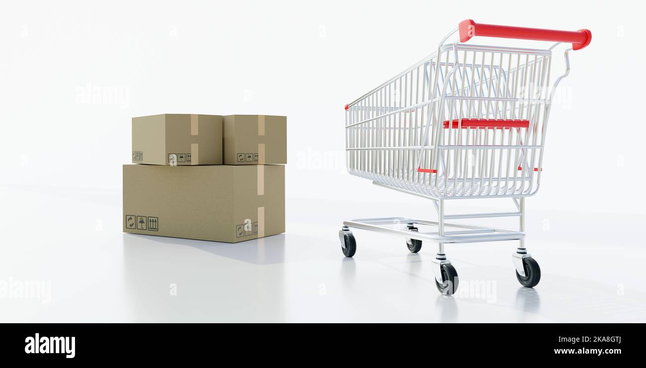 Shopping cart and cardboard boxes stack isolated on white. Order and