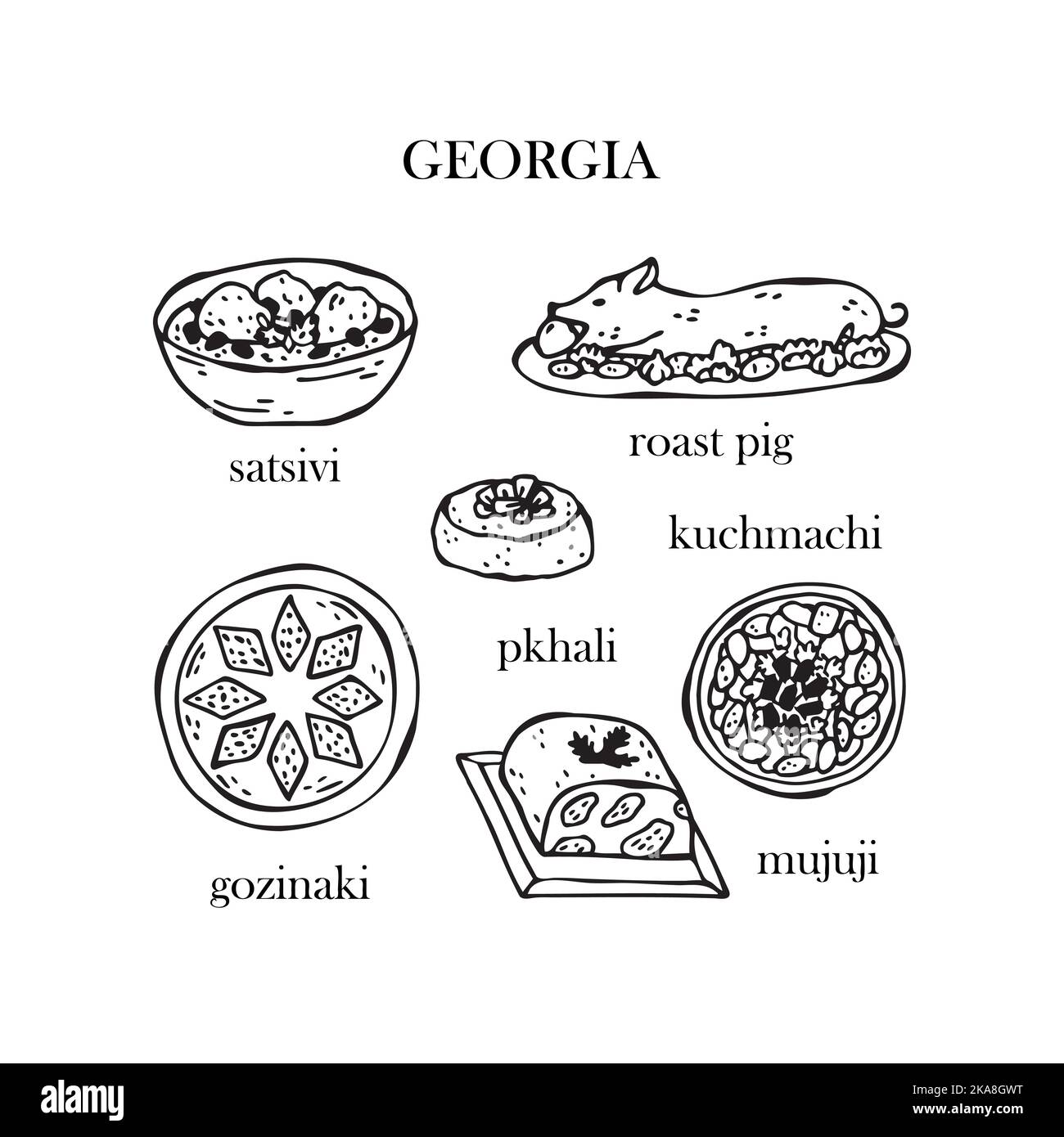 Vector set of illustrations of Georgian Christmas dishes. New Year 