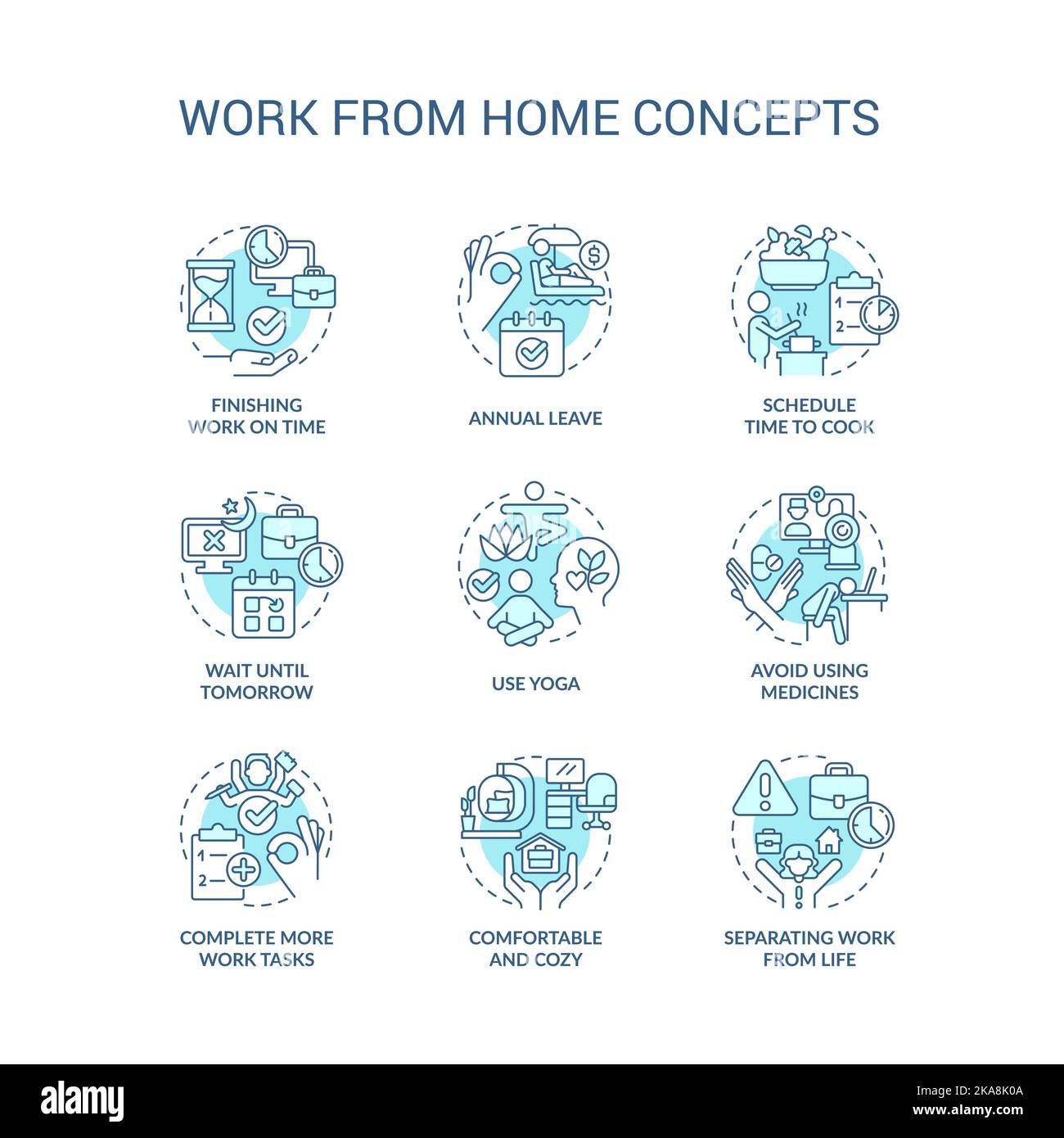 Work from home tips turquoise concept icons set Stock Vector
