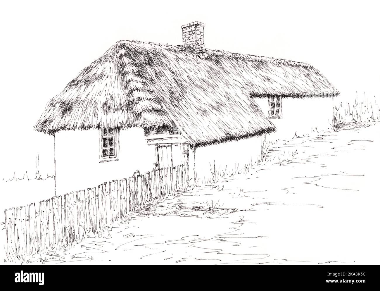 Ancient house with thatched roof. Ink on paper. Stock Photo