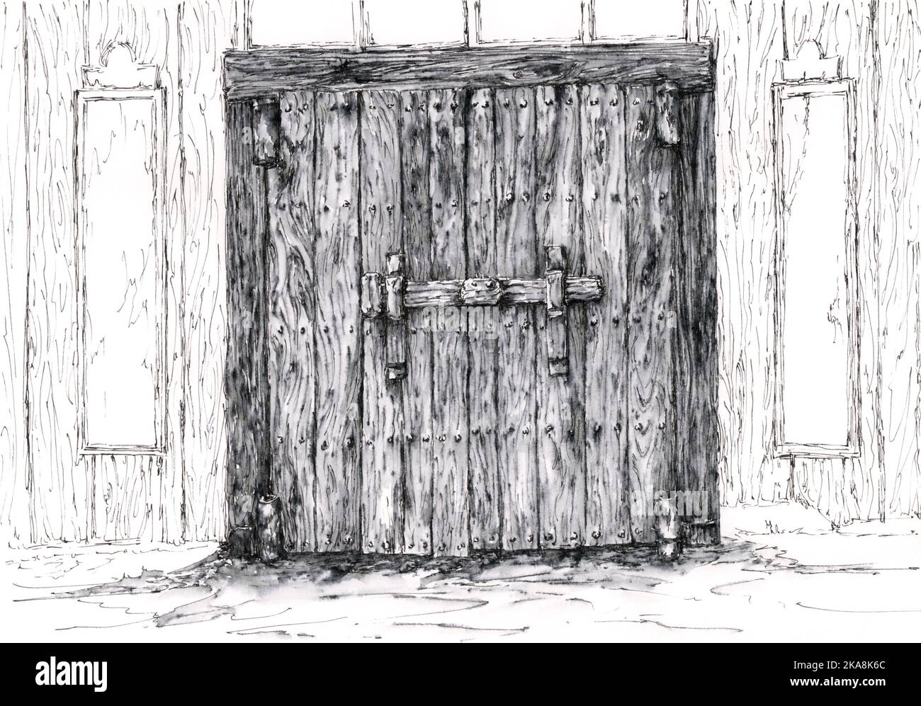 Closed wooden door. Ink on paper. Stock Photo