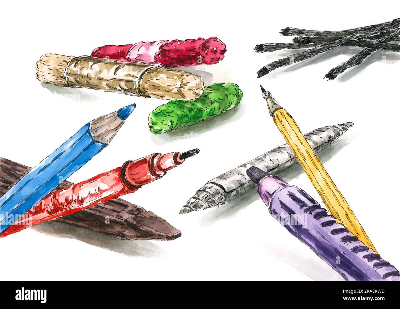 Drawing tools. Ink and watercolor on paper. Stock Photo