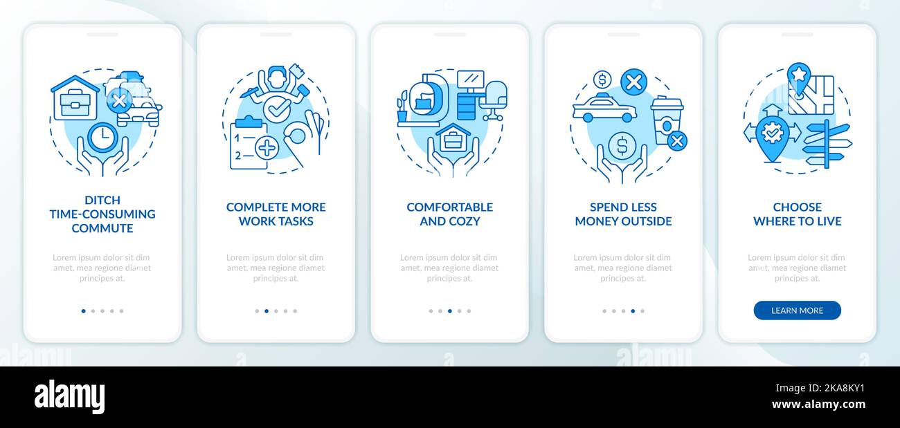 Advantages of working from home blue onboarding mobile app screen Stock ...
