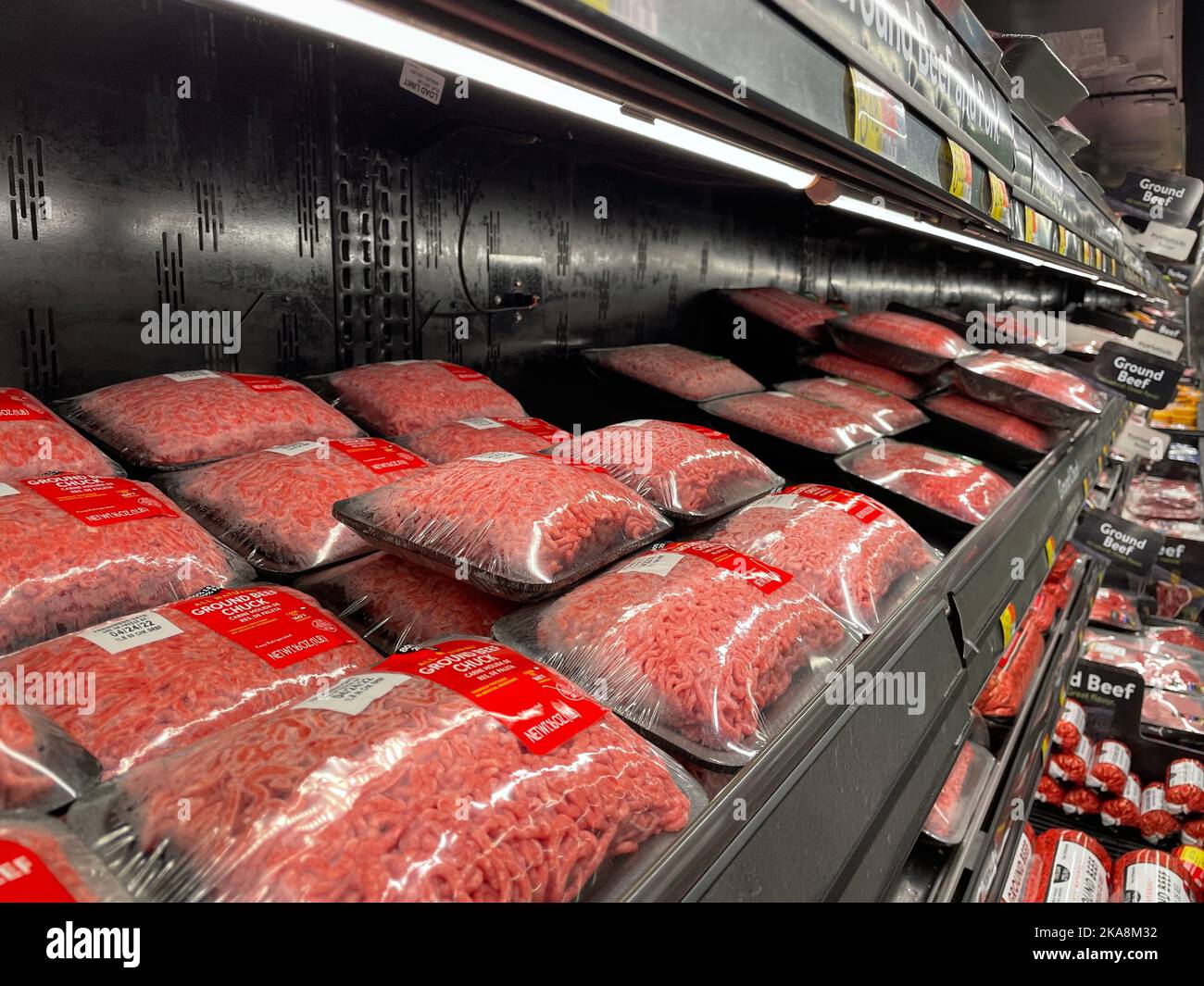 Grovetown, Ga USA - 04 21 22: Walmart meat department hamburger meat ...