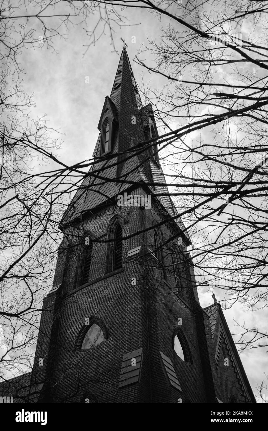 A grayscale shot of the Gothic Church in Huntsville, Alabama Stock Photo