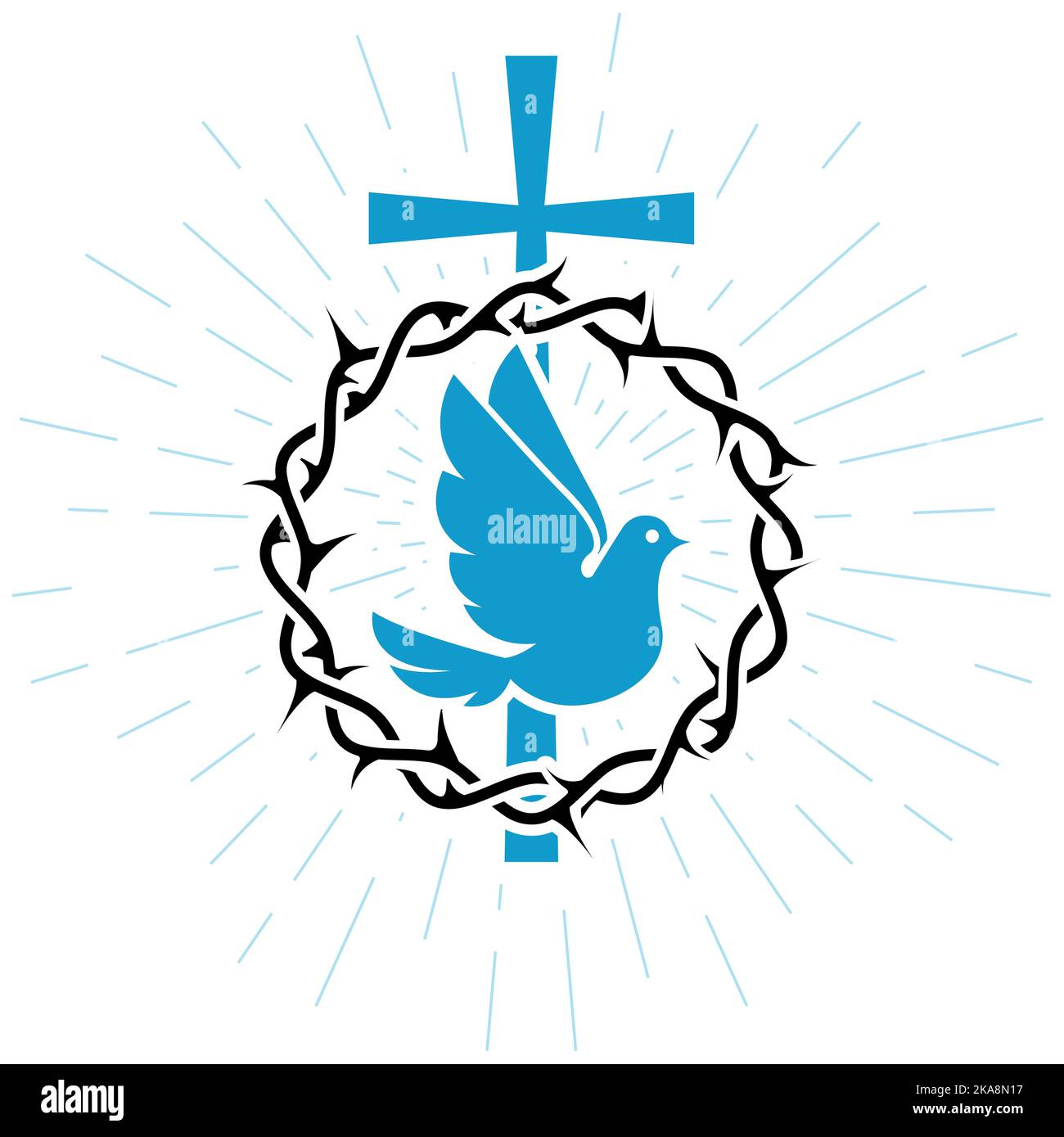 Dove of peace, crucifixion and crown of thorns, pigeon and wreath of
