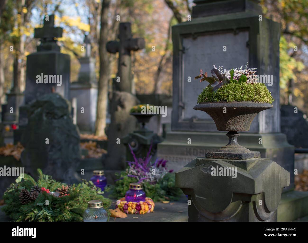 polish cemetery on all saints day, cmenatarz w polsce, wszystkich swietych znicze Stock Photo
