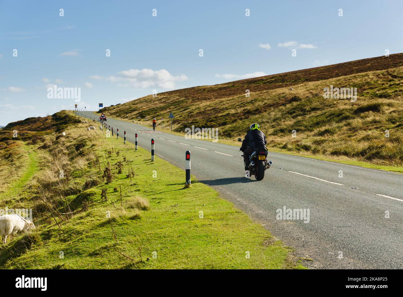 Motorbike on the Horseshoe Pass near the The Ponderosa Cafe in Llantysilio on the A542 route between Llangollen to Ruthin  North Wales Stock Photo