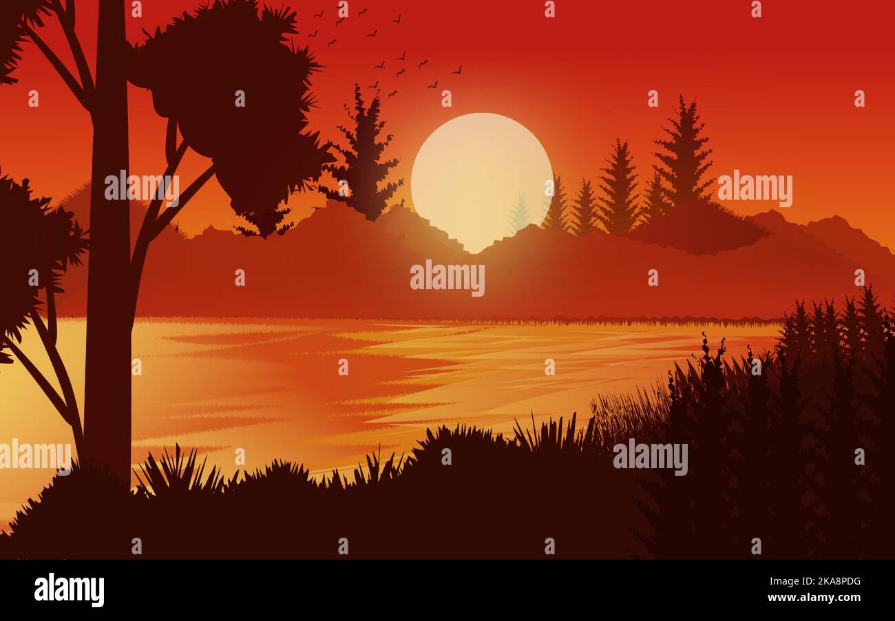 Lake mountains sunset landscape illustration wild natural background ...