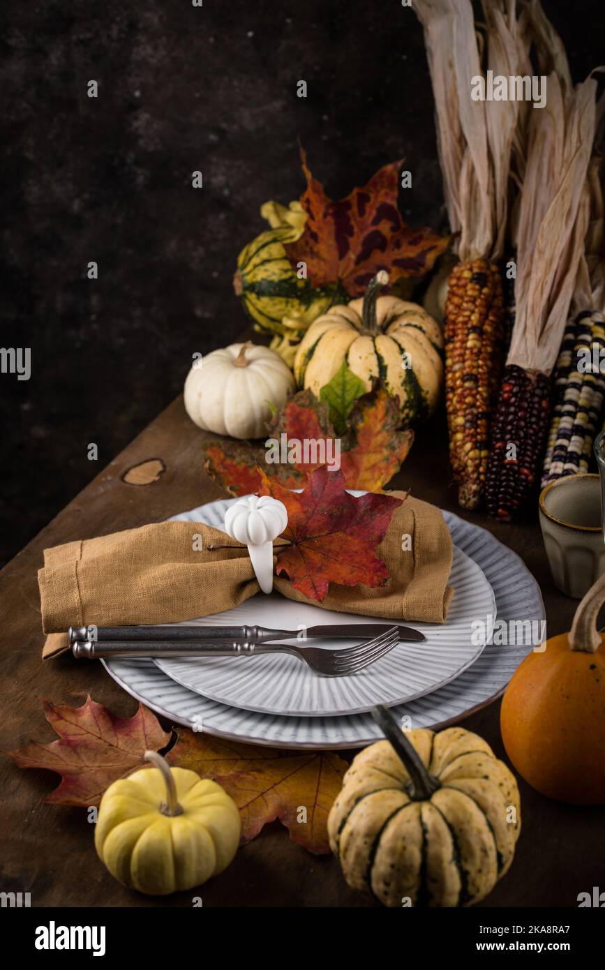 Autumn fall Thanksgiving table setting Stock Photo