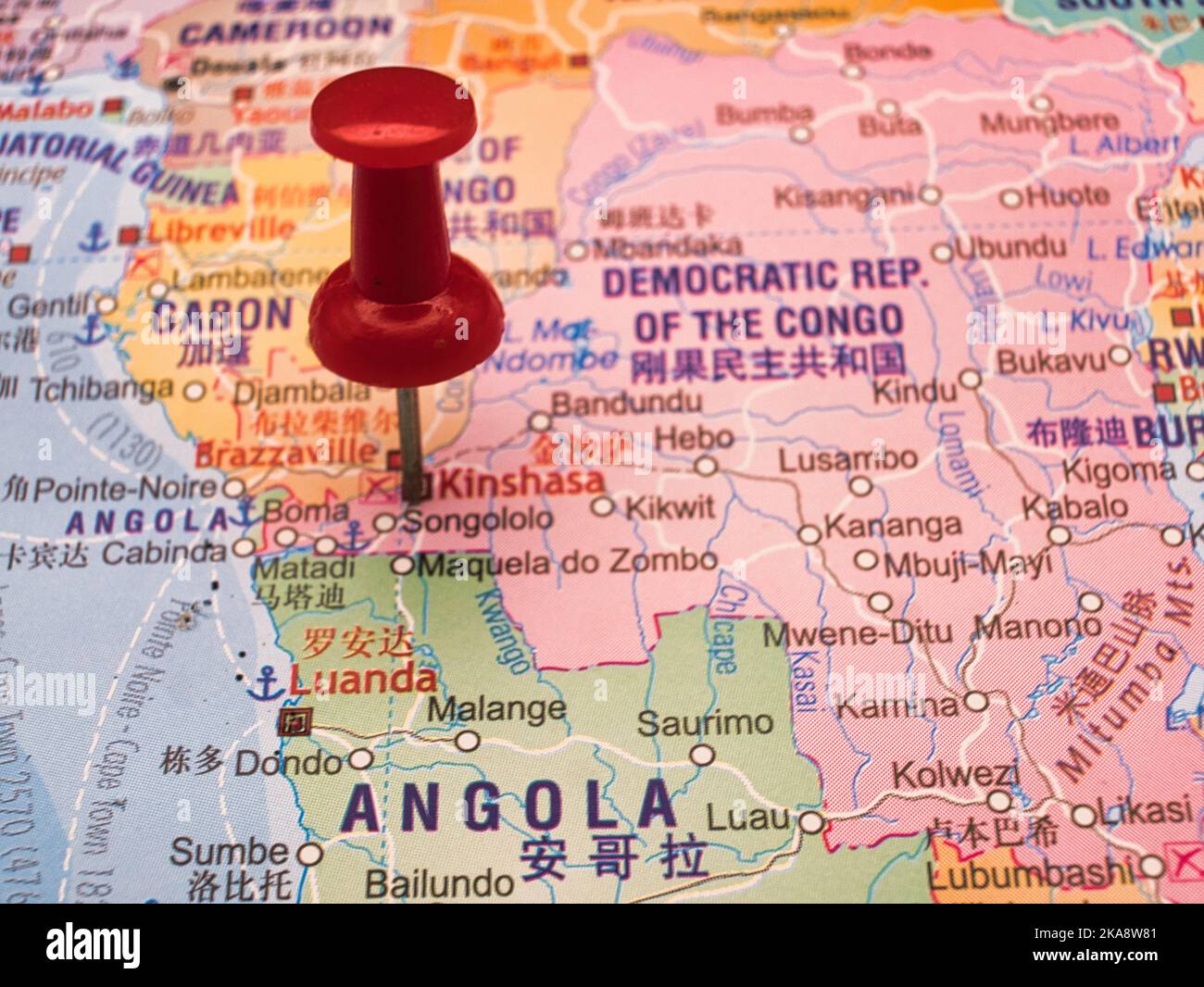 Kinshasa pinned on a map of Congo Stock Photo
