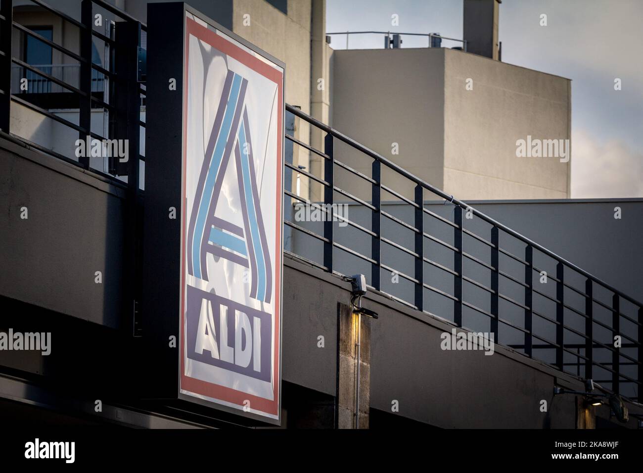 Picture of the Aldi Nord sign on one of their stores of Bordeaux, France. Aldi, or Albrecht Diskont, is a brand of two discount supermarket chains wit Stock Photo