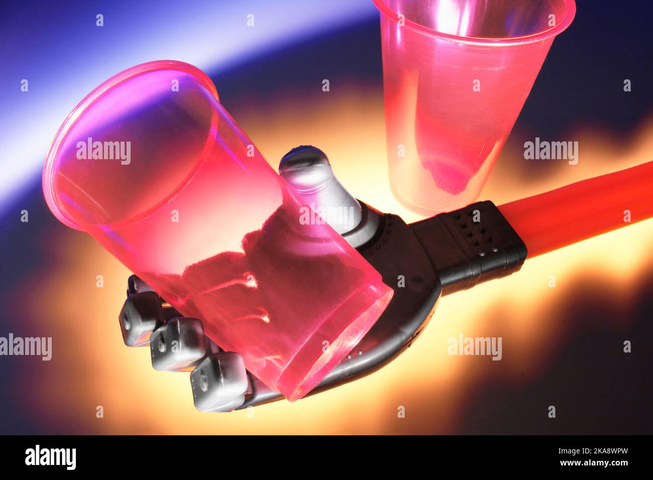 Robotic Hand with Plastic Cups Stock Photo