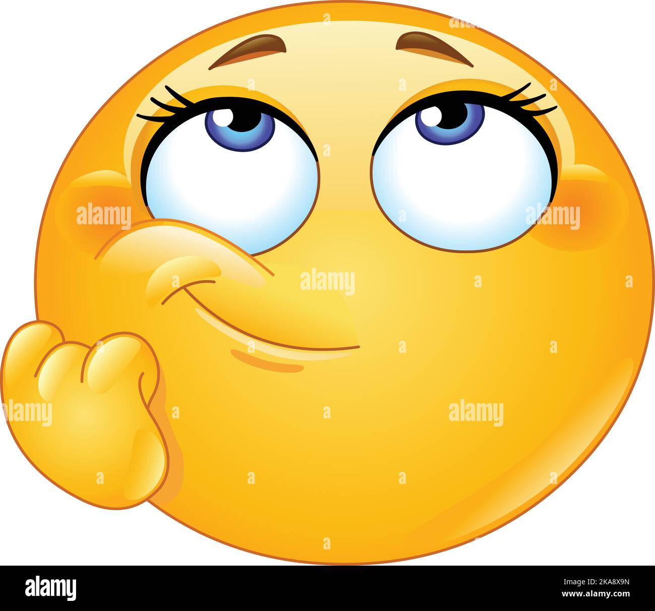Female emoji emoticon making a ponder, think or a day dreaming gesture with her hand on cheek Stock Vector
