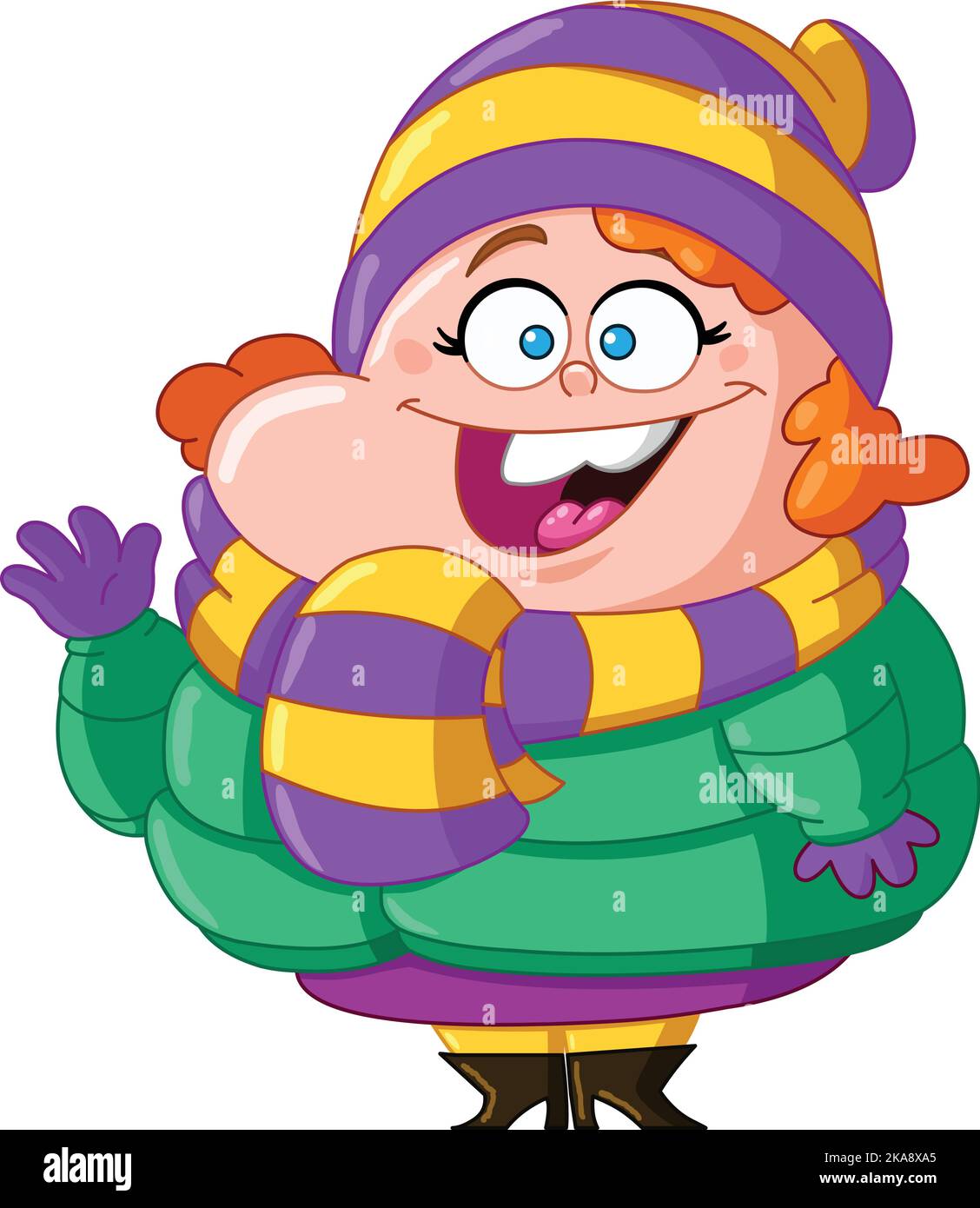 Happy chubby woman wearing winter clothes and waving Stock Vector
