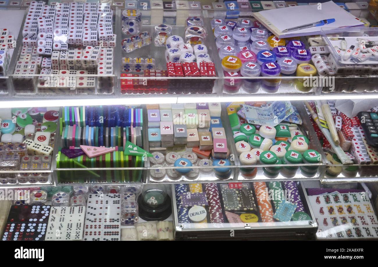 Mahjong tiles and dices at Biu Kee Mah-Jong in Jordan. The old mahjong tile shop is forced to close at the end of October as it is evicted by the Buildings Department.  06OCT22 SCMP/ Edmond So Stock Photo