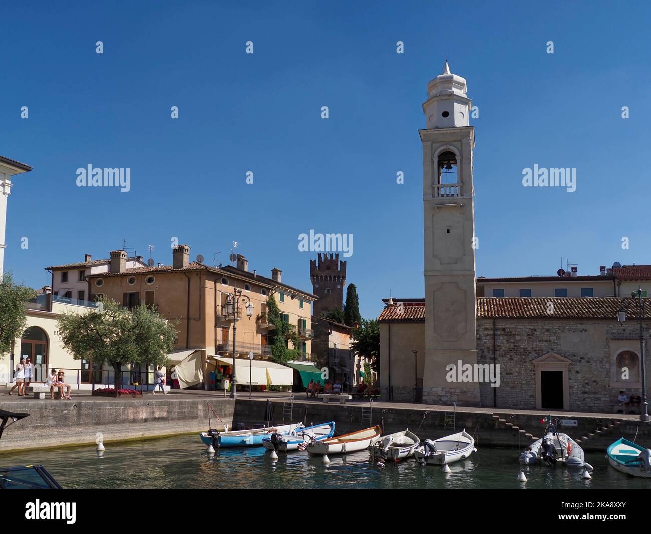 Pieve Romanica di San Nicolò,  Porto Lazise harbour, Lazise,  Lake Garda, Italy,Europe Stock Photo