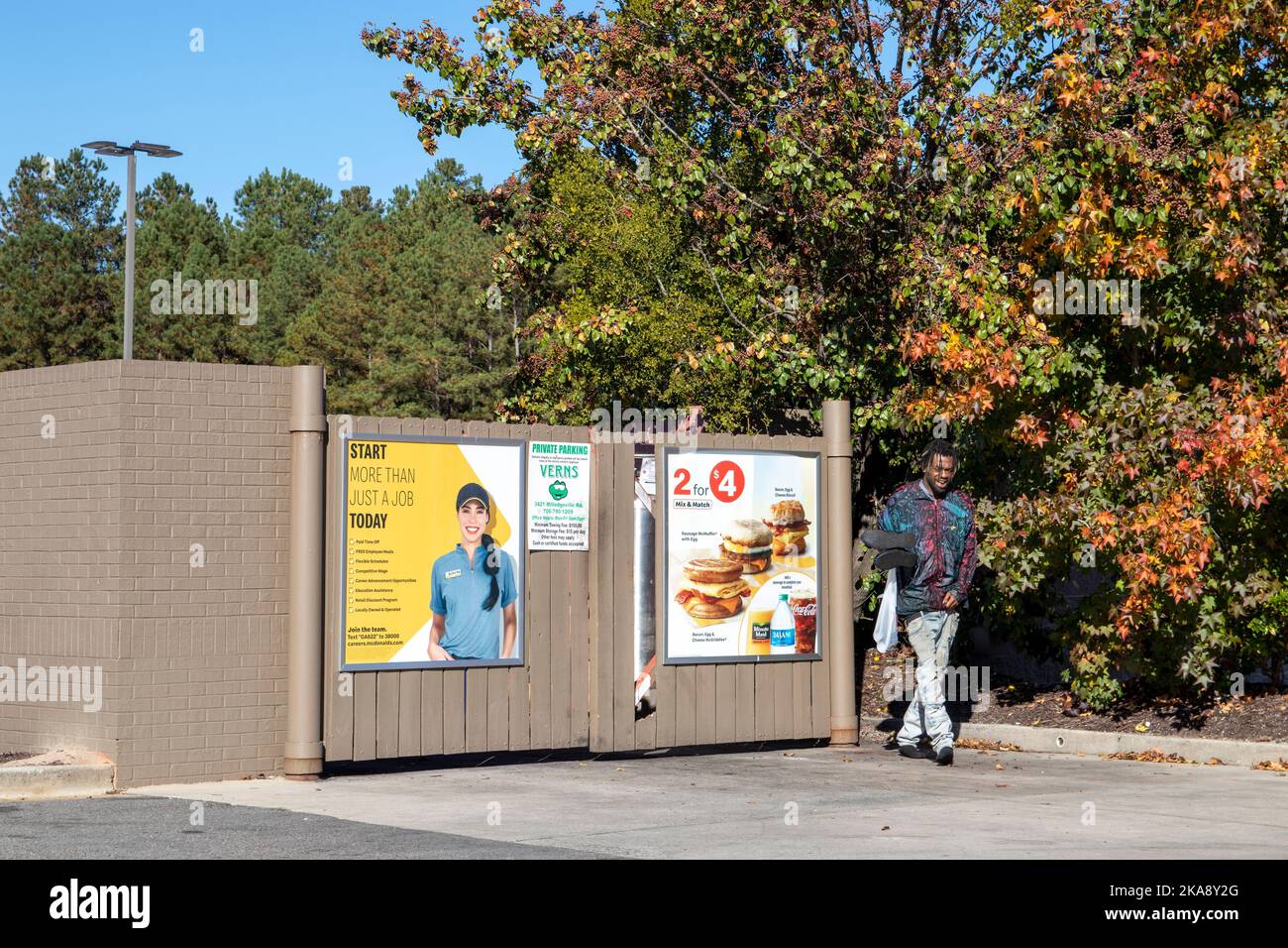 Augusta, GA USA 10 28 21 McDonalds Now Hiring dumpster sign and