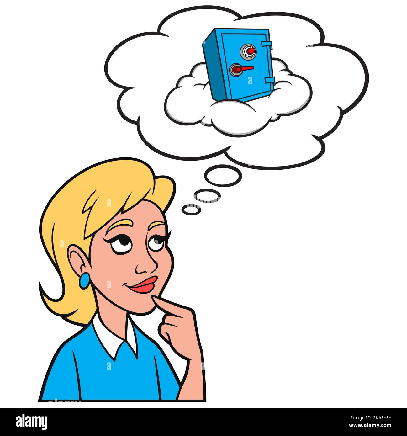 Girl thinking about Cloud Security - A cartoon illustration of a Girl thinking about Cloud Security to protect her Computer Data. Stock Vector