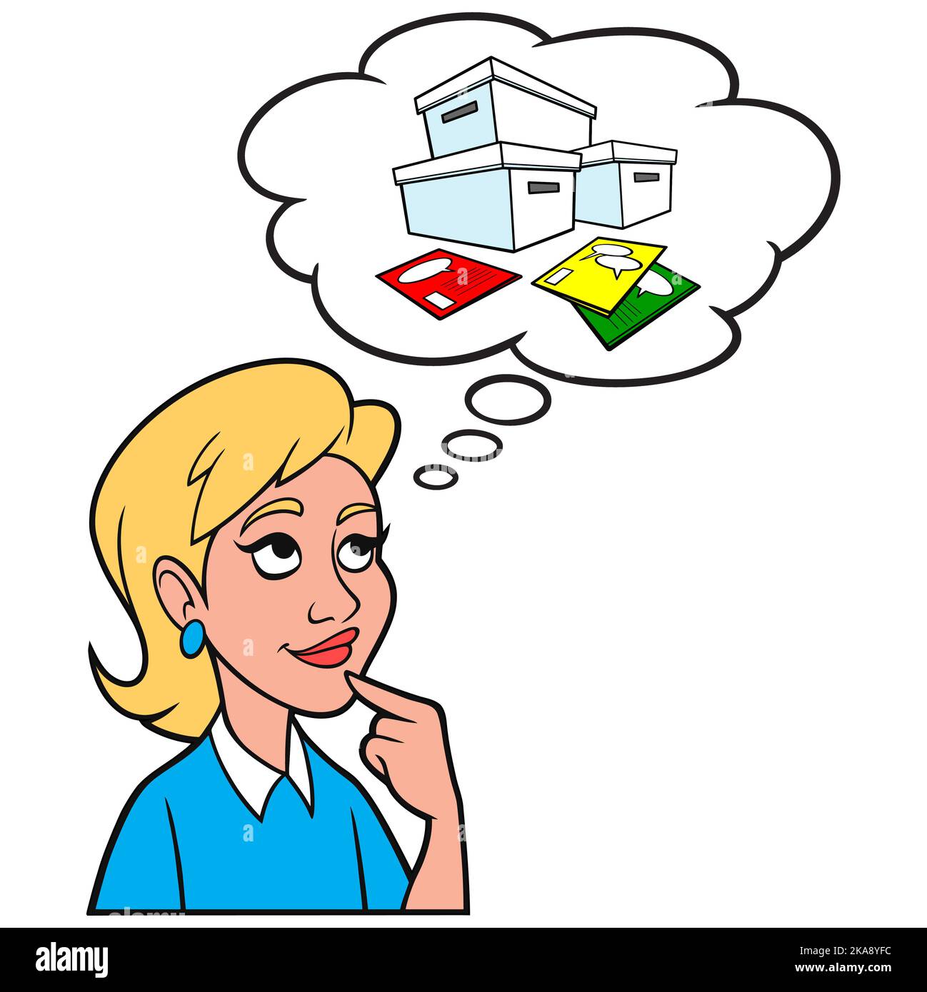 Girl thinking about collecting Comic Books - A cartoon illustration of a Girl thinking about collecting Comic Books. Stock Vector