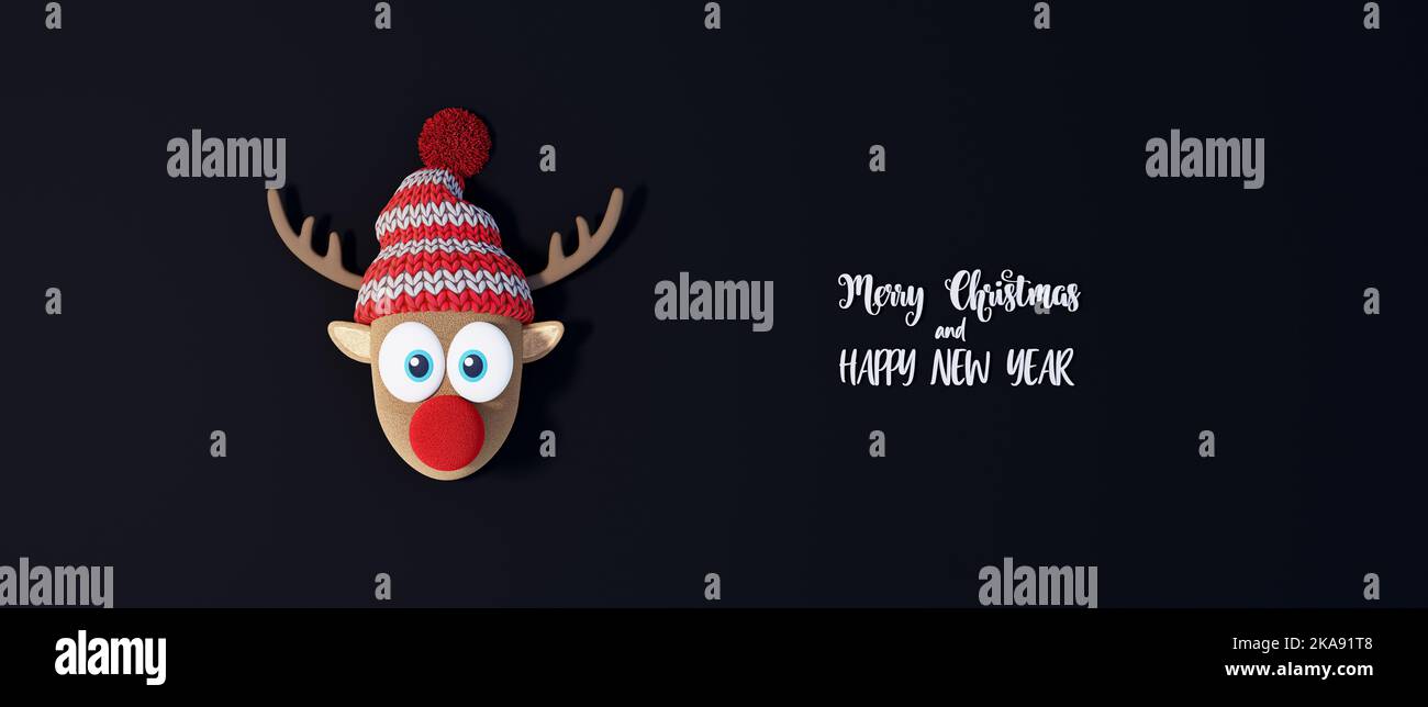 Reindeer with red winter hat. Christmas Holidays greeting card 3d render 3d illustration Stock Photo