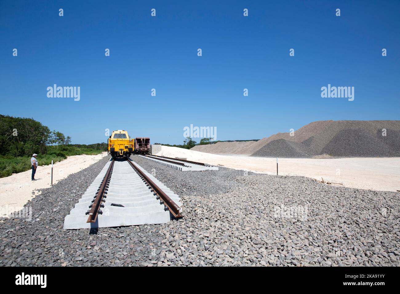 Construction of section 2 (Escárcega-Calkiní Section) of the Mayan Train project between Pomuch and Tenabo, Campeche state, Mexico on October 23, 2022. The route covers 235 km, going from Escárcega to Calkiní in the state of Campeche. The Maya Train project is one of Mexican President Andrés Manuel López Obrador’s flagship development projects. Its 1,525-km route will run through five states (Tabasco, Chiapas, Campeche, Yucatán and Quintana Roo states), linking Maya temples like Palenque, Chichen Itzá and Calakmul, the colonial city of Mérida, beach resorts of Cancún, Playa del Carmen and Tulu Stock Photo