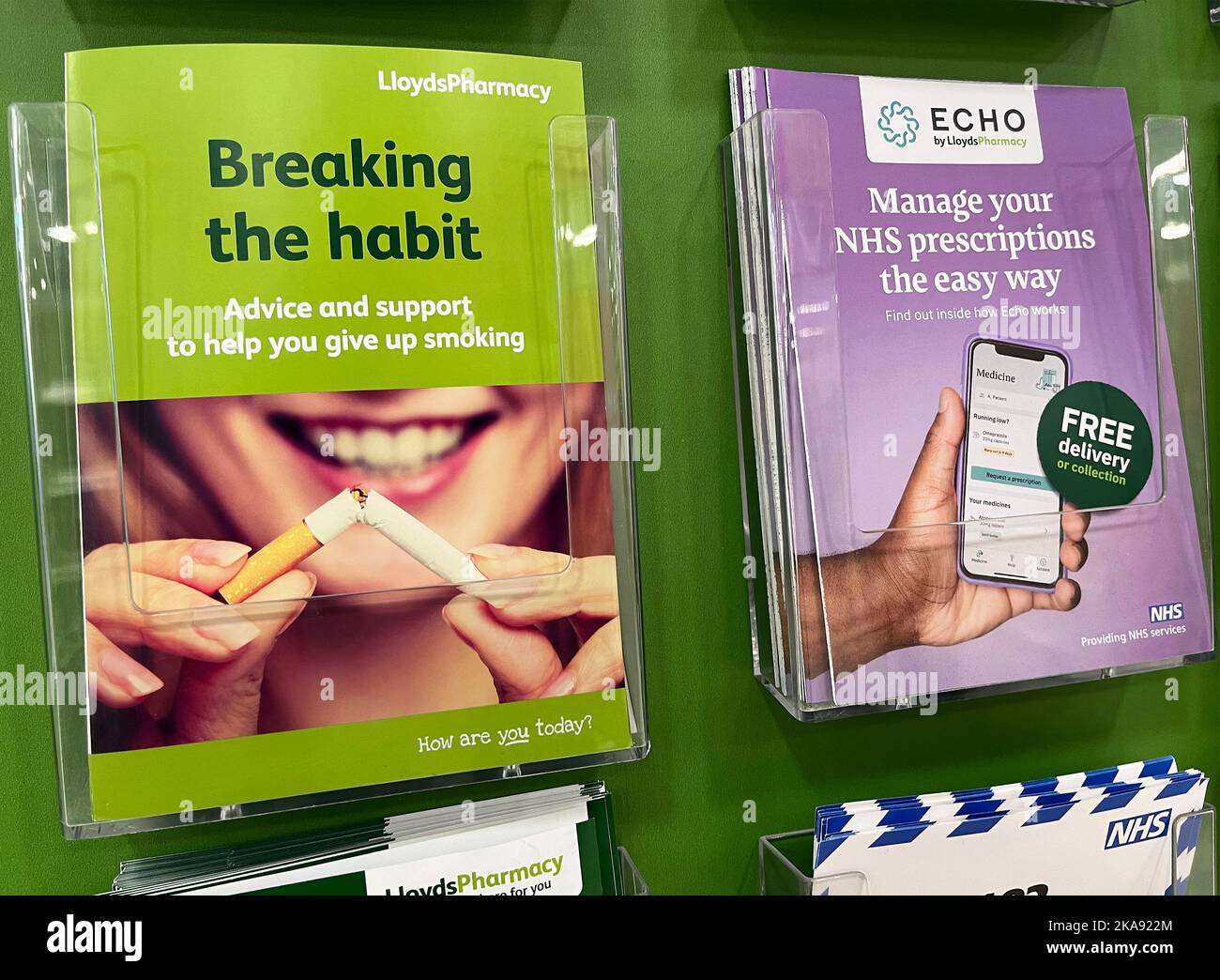 Brochures for medical advice are pictured inside Lloyds Pharmacy