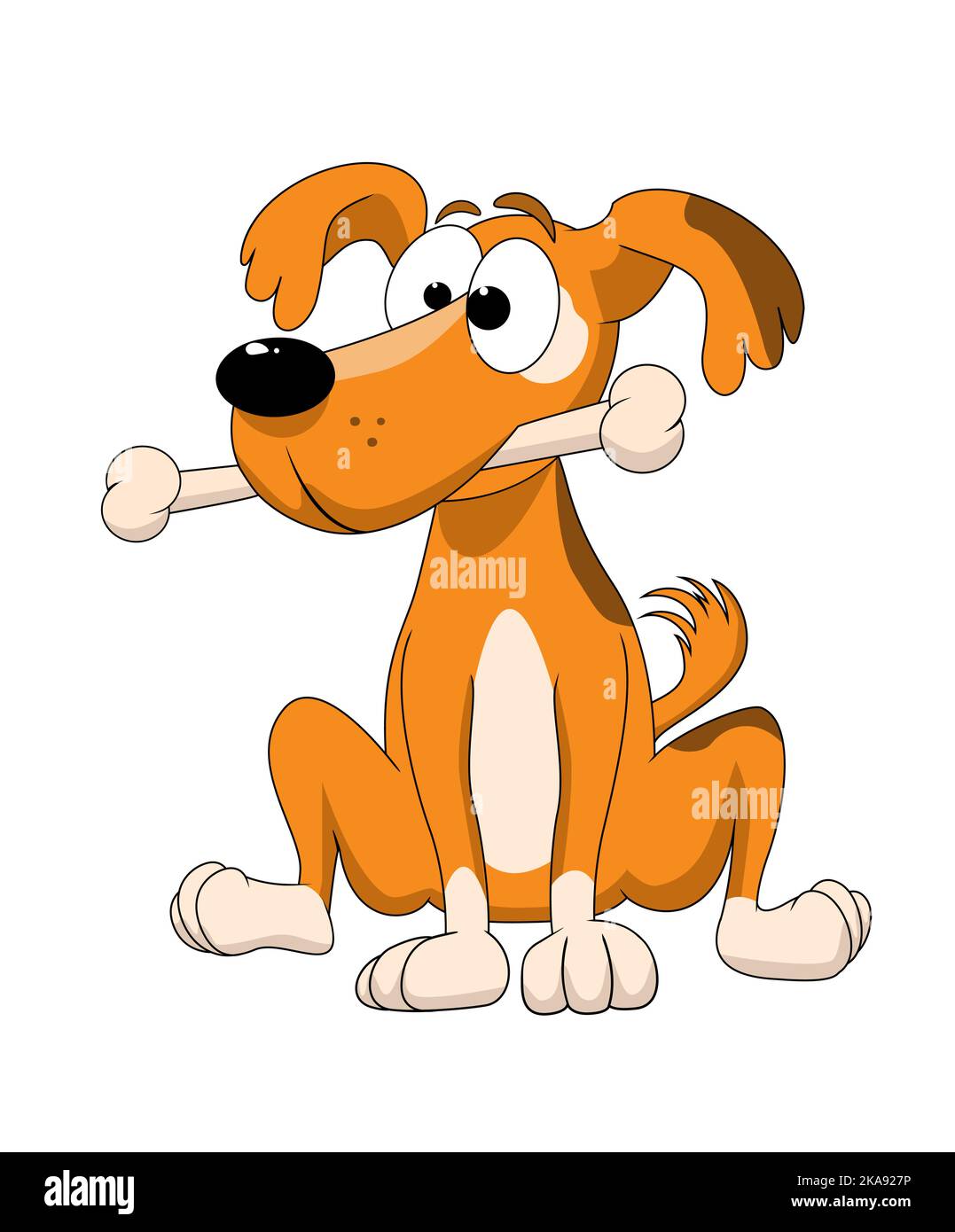 Cartoon dog sits and holds a bone in his teeth. Stock Vector