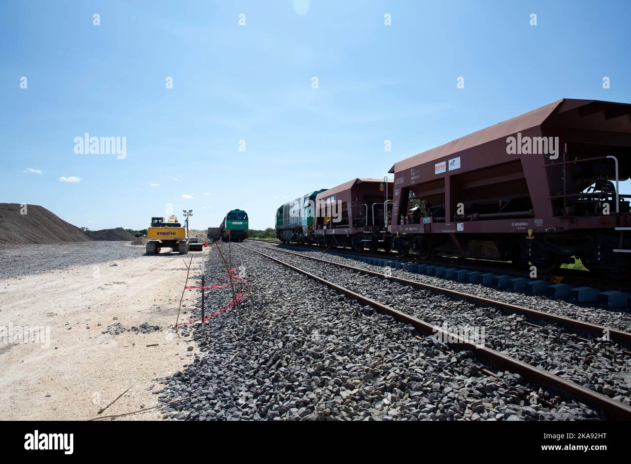 Construction of section 2 (Escárcega-Calkiní Section) of the Mayan Train project between Pomuch and Tenabo, Campeche state, Mexico on October 23, 2022. The route covers 235 km, going from Escárcega to Calkiní in the state of Campeche. The Maya Train project is one of Mexican President Andrés Manuel López Obrador’s flagship development projects. Its 1,525-km route will run through five states (Tabasco, Chiapas, Campeche, Yucatán and Quintana Roo states), linking Maya temples like Palenque, Chichen Itzá and Calakmul, the colonial city of Mérida, beach resorts of Cancún, Playa del Carmen and Tulu Stock Photo