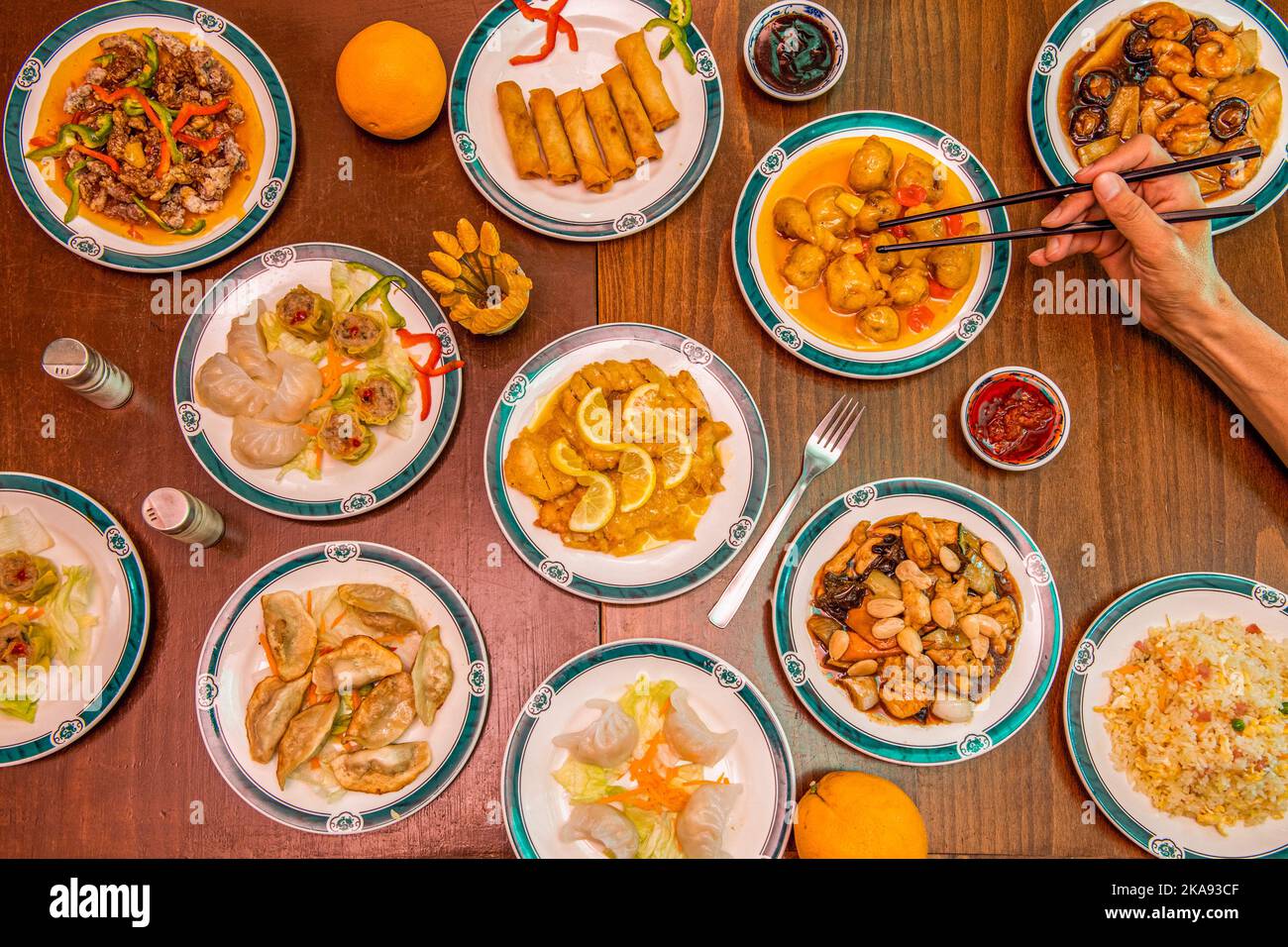 Set of mainly Asian and Chinese dishes, udon noodles with vegetables
