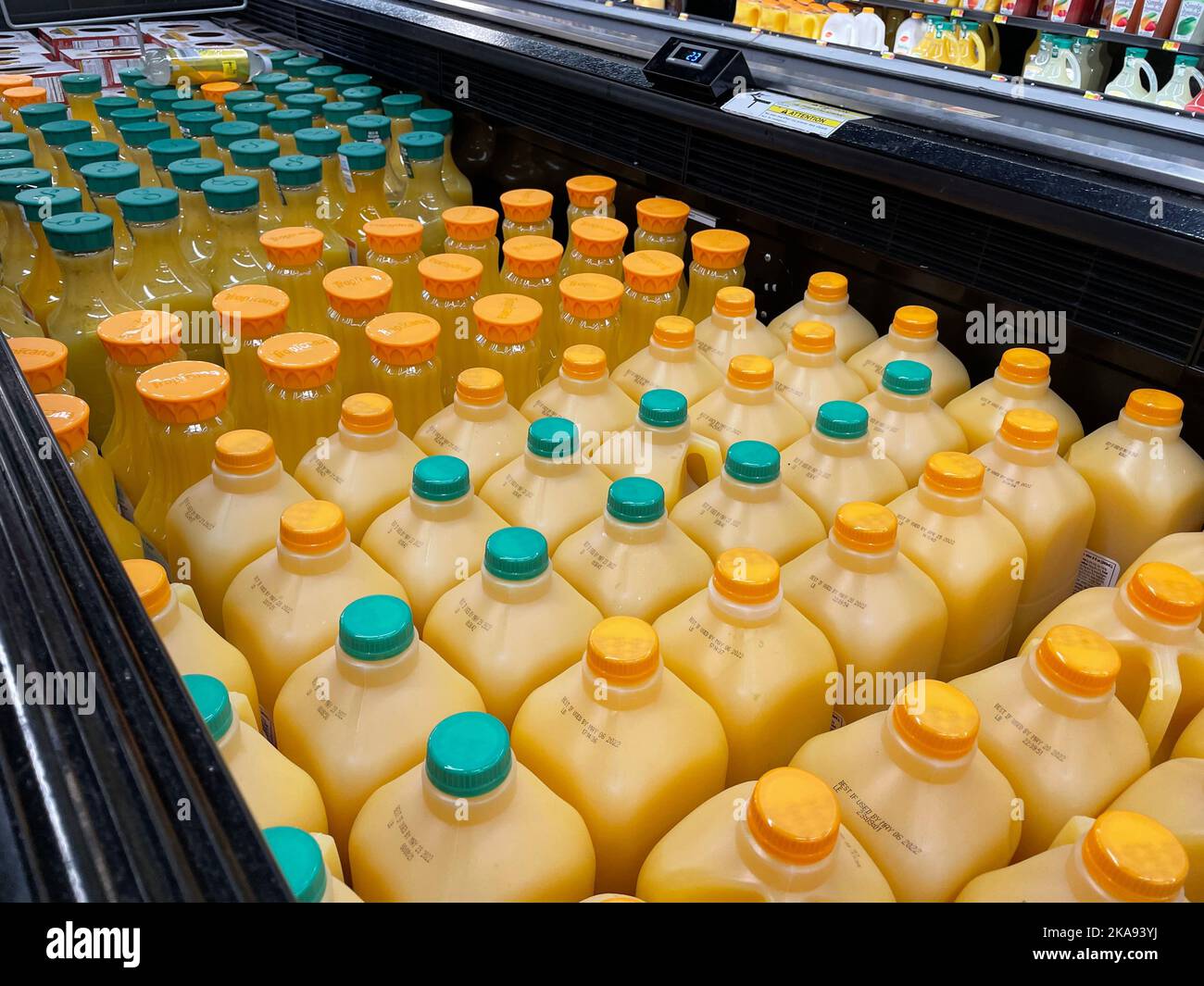 Augusta, Ga USA 04 21 22 Retail store drinks rows of orange juice in