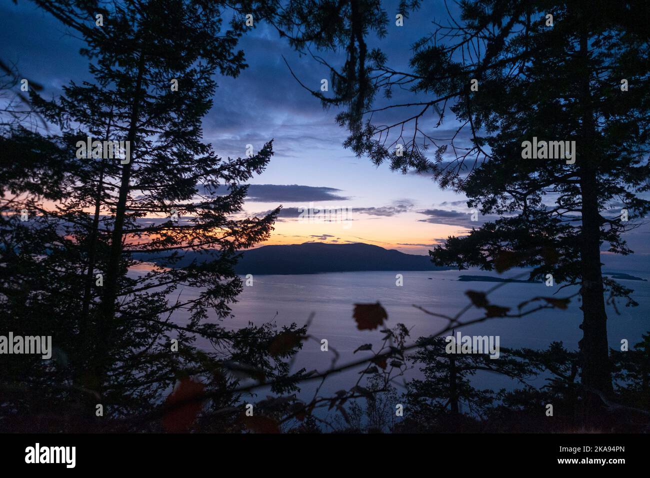 View of the Rosario Strait; overlook at Baker Preserve, Lummi Island, Washington, USA; San Juan Islands; Orcas Island in the distance Stock Photo