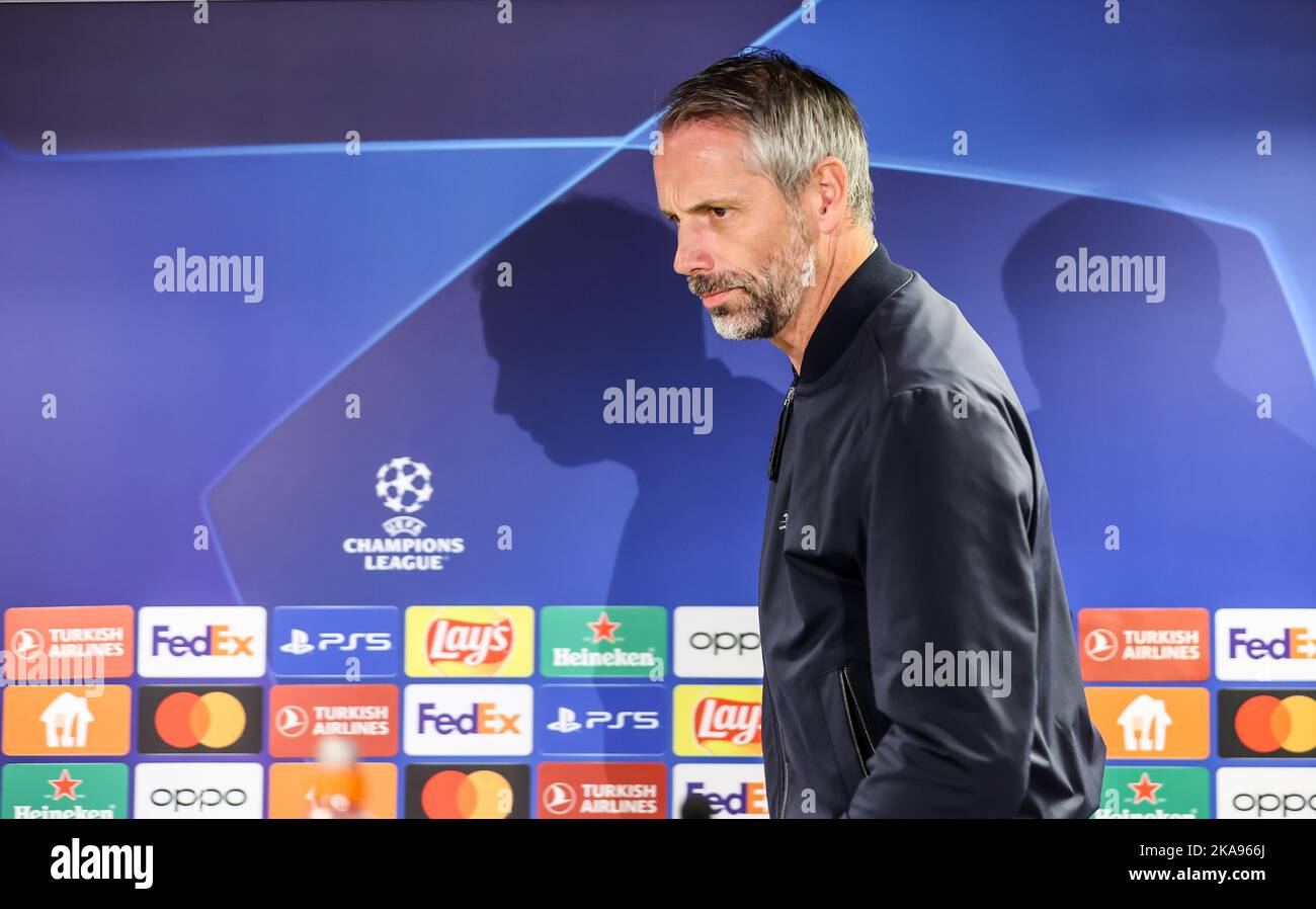 Warschau, Poland. 01st Nov, 2022. Soccer: Champions League, group stage, Group F, before the match Shakhtyor Donetsk - RB Leipzig (02.11.) at Wojska Polskiego Stadion. Leipzig coach Marco Rose comes to the press conference. Credit: Jan Woitas/dpa/Alamy Live News Stock Photo