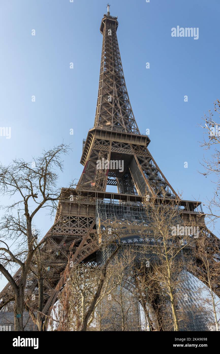 The Historical landmark Eiffel Tower from below. Stock Photo