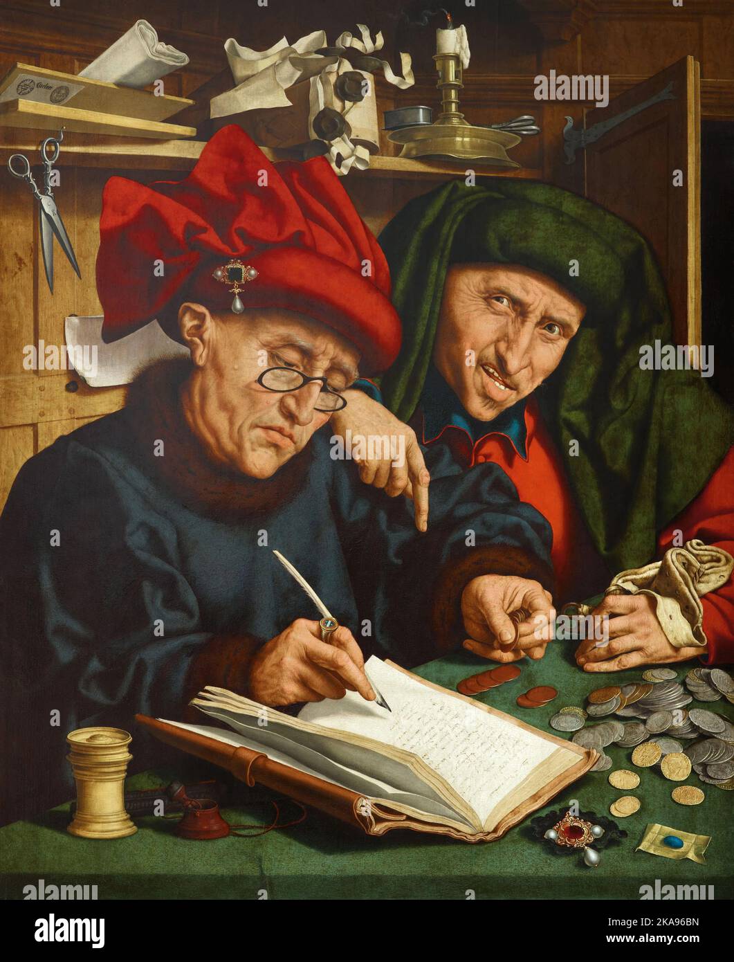 Marinus Van Reymerswaele. Two tax collectors or misers in an interior.  Oil on panel. Height: 124 cm (48.8 in); Width: 95 cm (37.4 in). Stock Photo