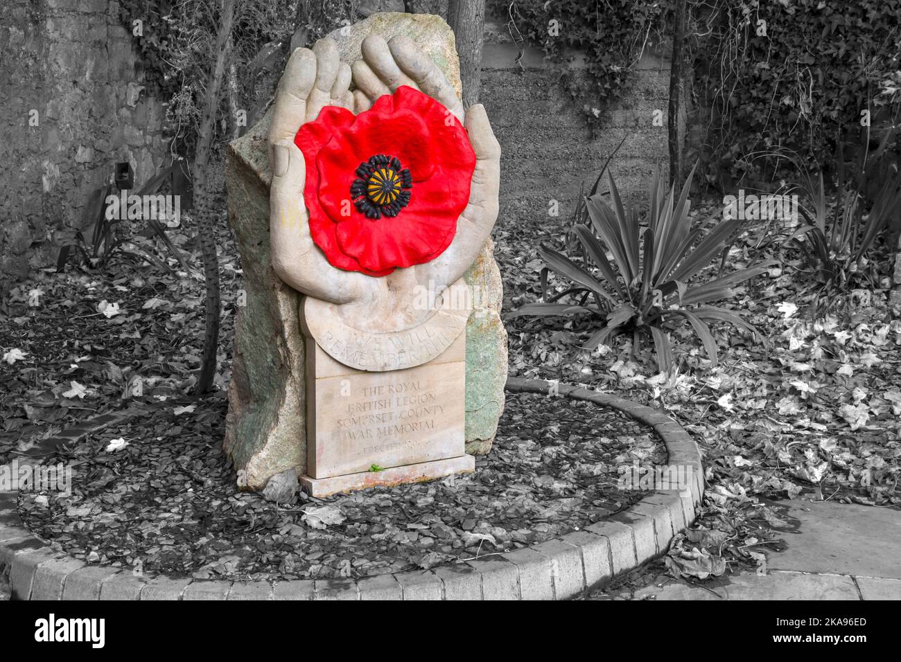 The Royal British Legion Somerset County War Memorial in Grove Park at Weston Super Mare, Somerset UK in October - We will remember them Stock Photo