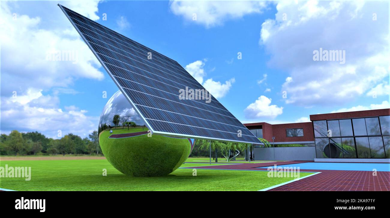 Fully autonomous solar power plant equipped with a tracker that rotates the ball with a photovoltaic panel. Batteries and other electronics are locate Stock Photo