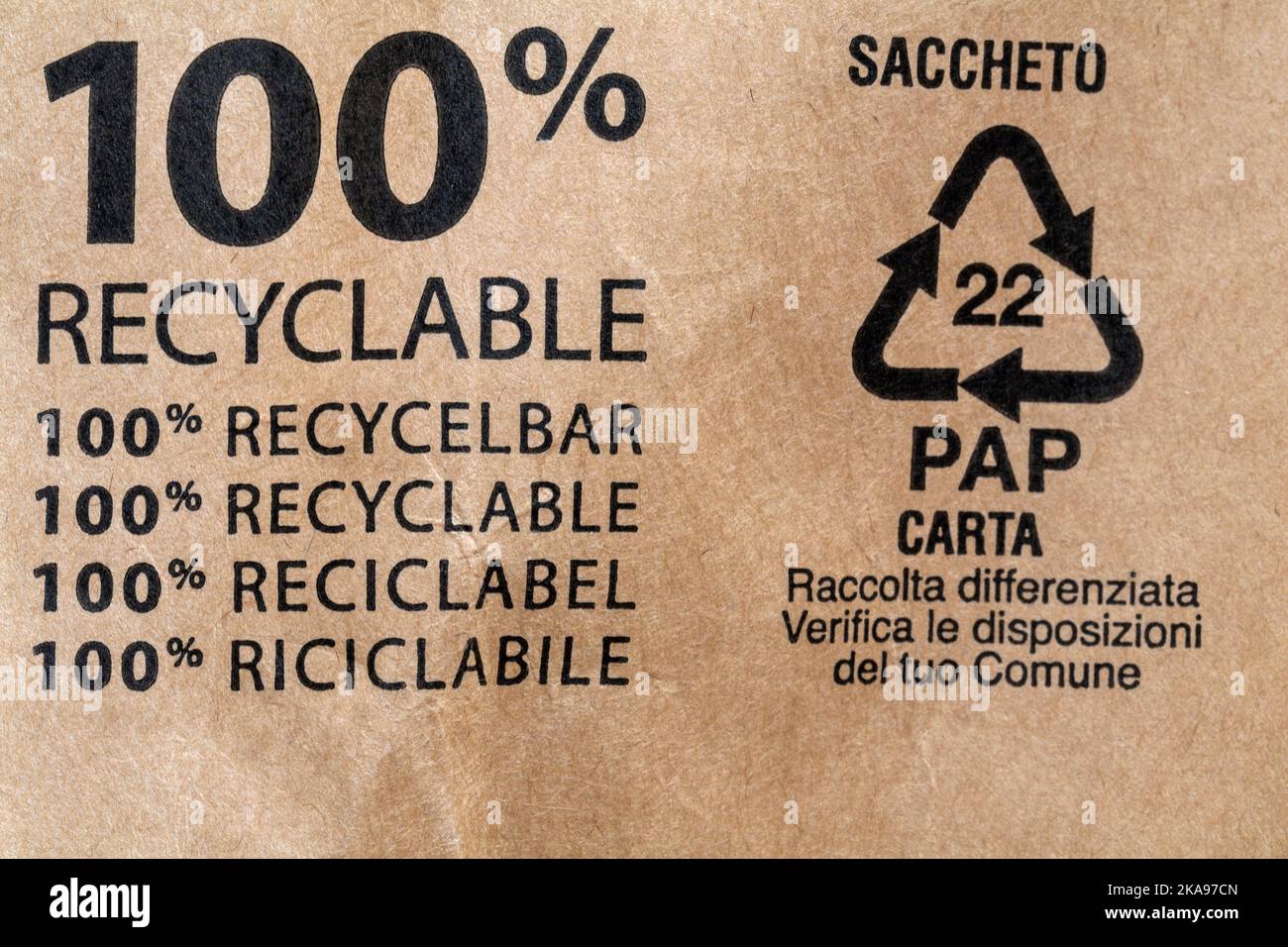 100% recyclable 22 PAP in various languages on brown paper bag packaging from Amazon - disposal recycling recycle logo symbol Stock Photo