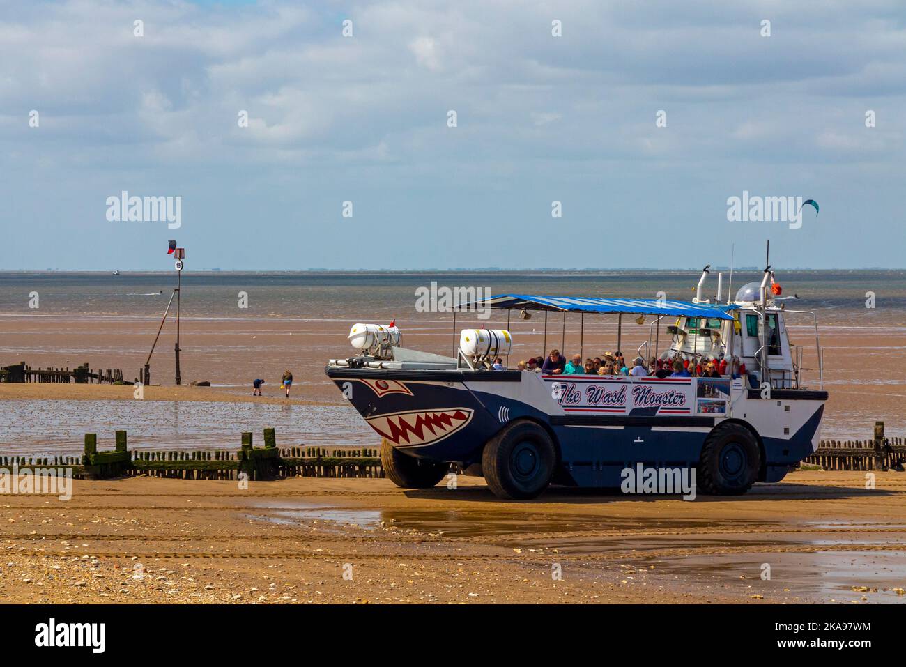 The Wash Monster used to transport tourists on coastal trips around The Wash from Hunstanton Beach on the north Norfolk coast in eastern England UK. Stock Photo