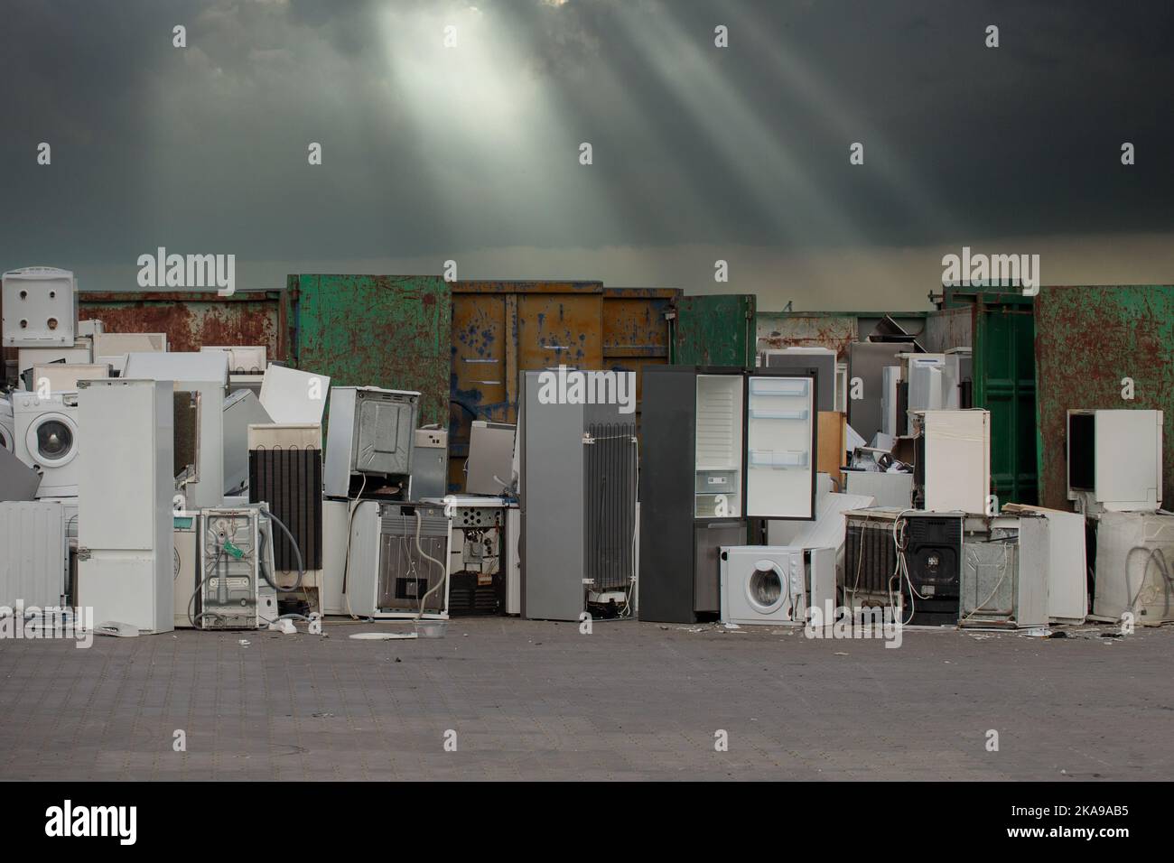 Used household appliances and consumer electronics. Disposal of electronic waste. Stock Photo