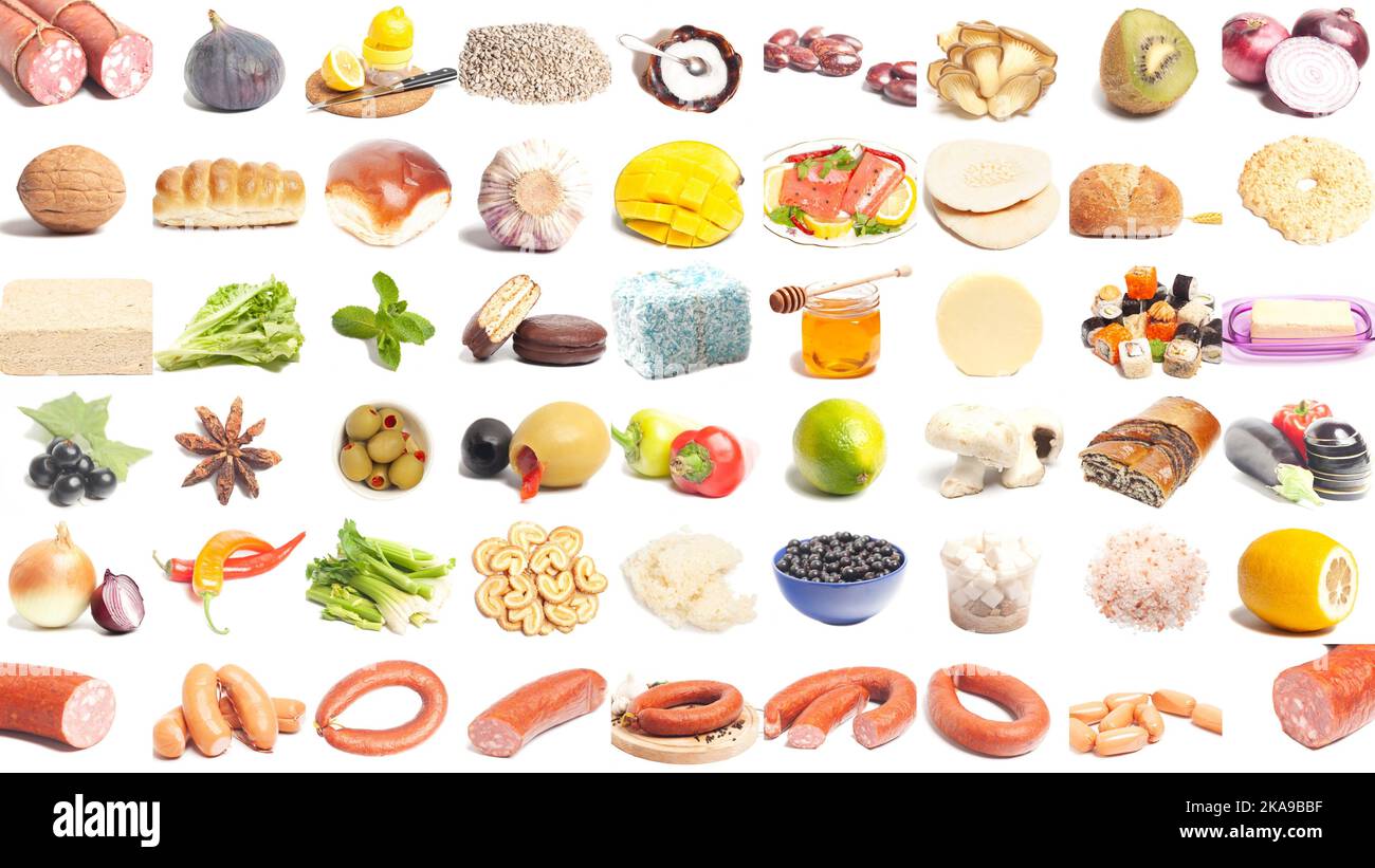 large group of food on white background Stock Photo - Alamy