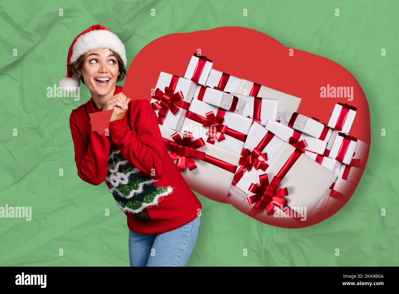 Image collage picture of lady santa claus helper carry huge gift sack