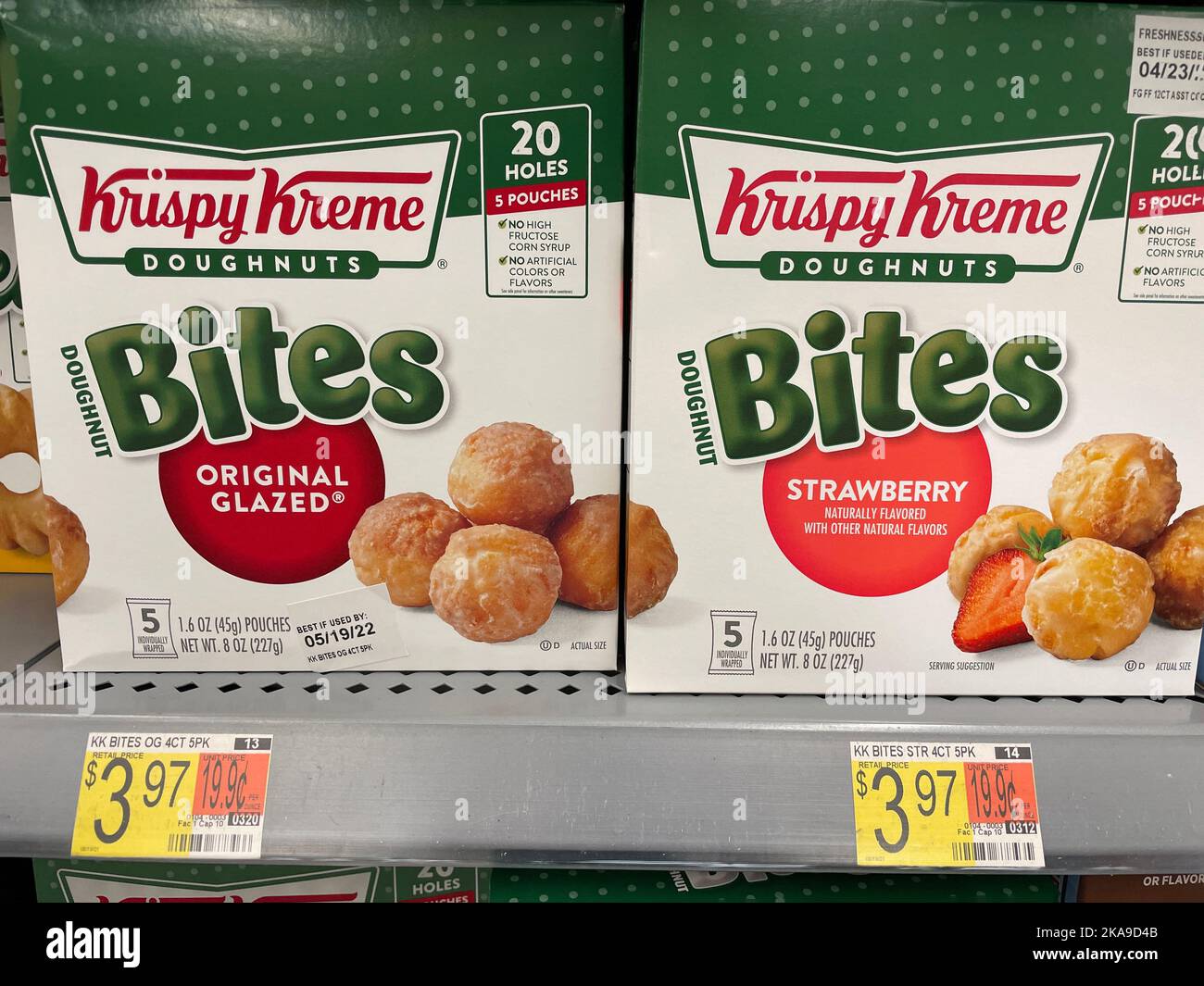 Grovetown, Ga USA 04 22 22 Retail store food products Krispy Kreme donut bites variety Stock